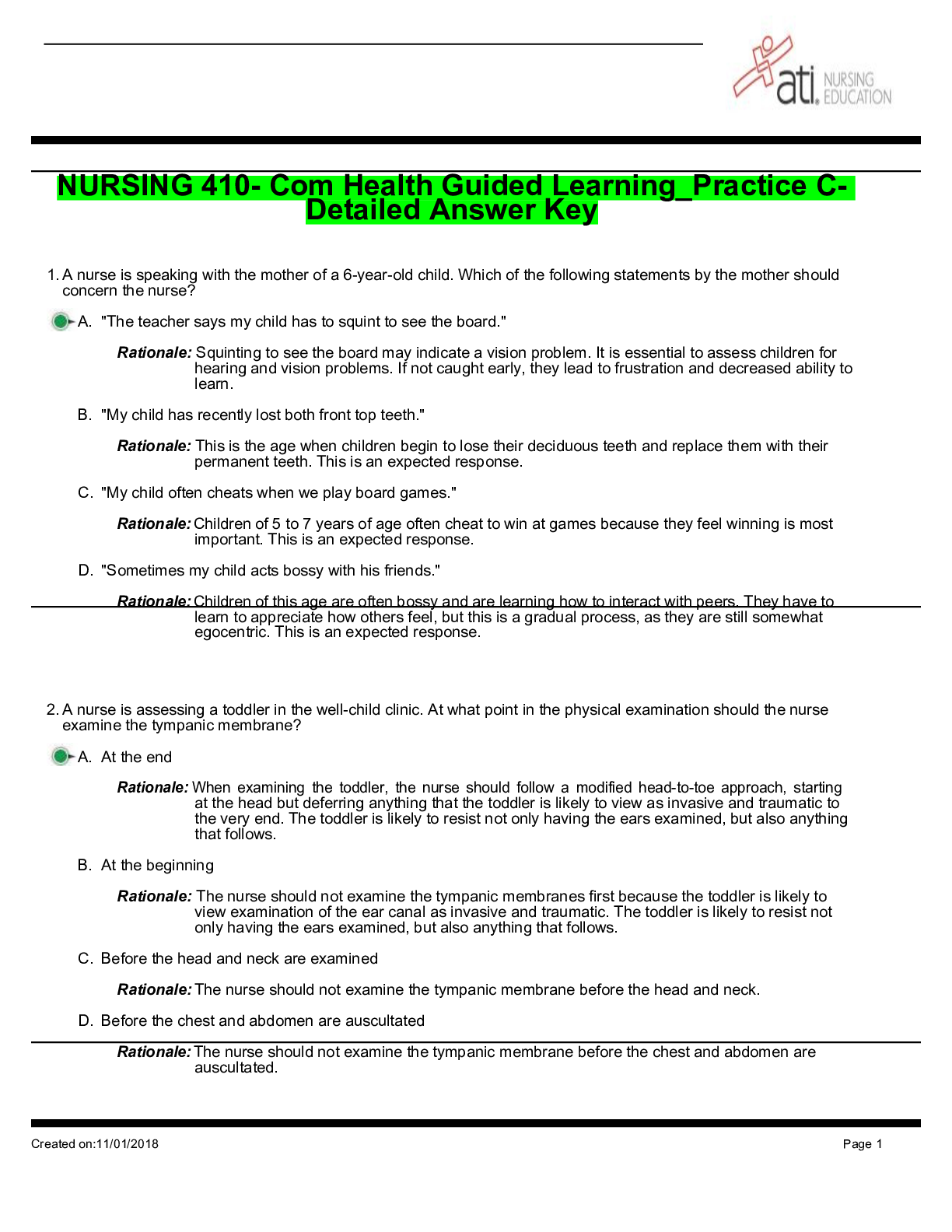Preview of NURSING 410- Com Health Guided Learning_Practice C- Detailed Answer Key